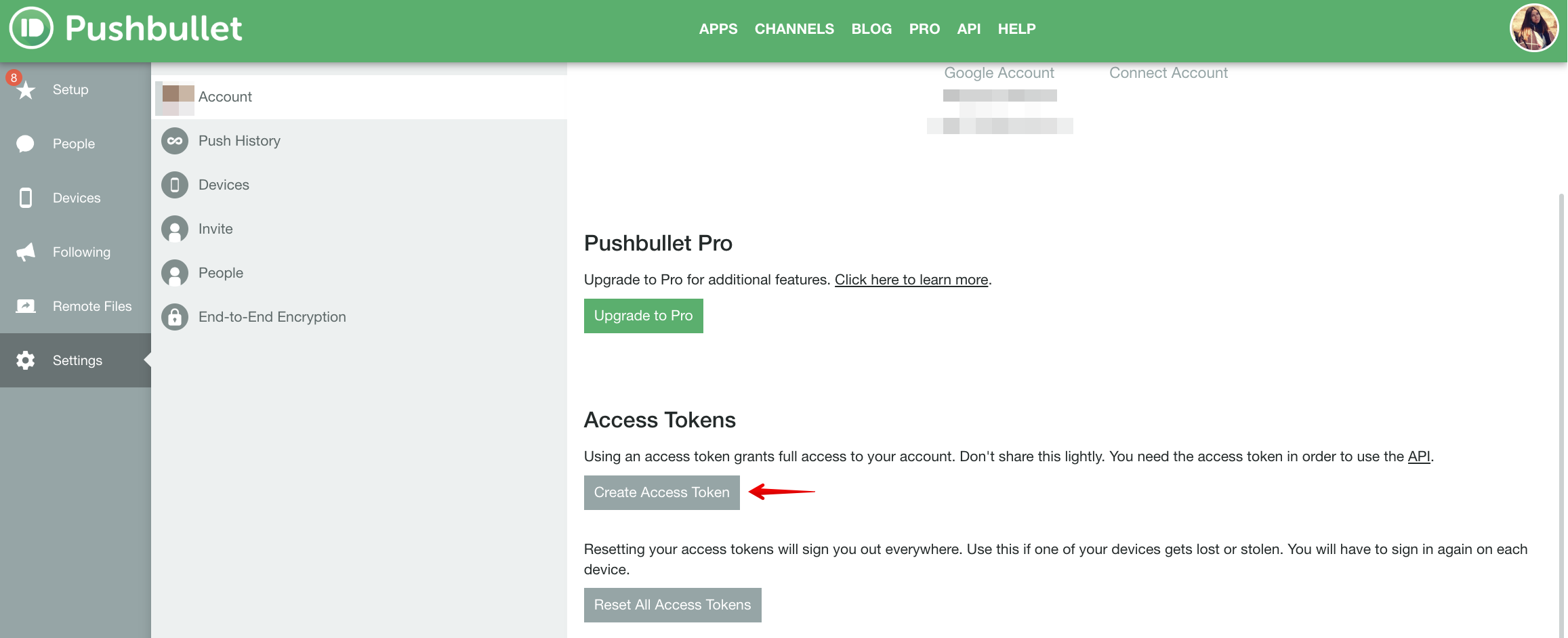 Pushbullet - создать Access Token.png