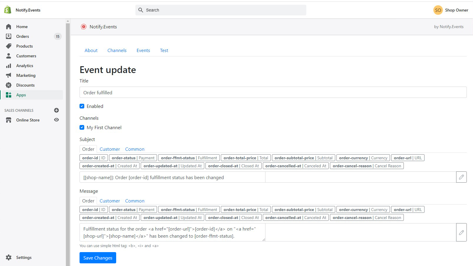 Notify.Events Shopify app customization