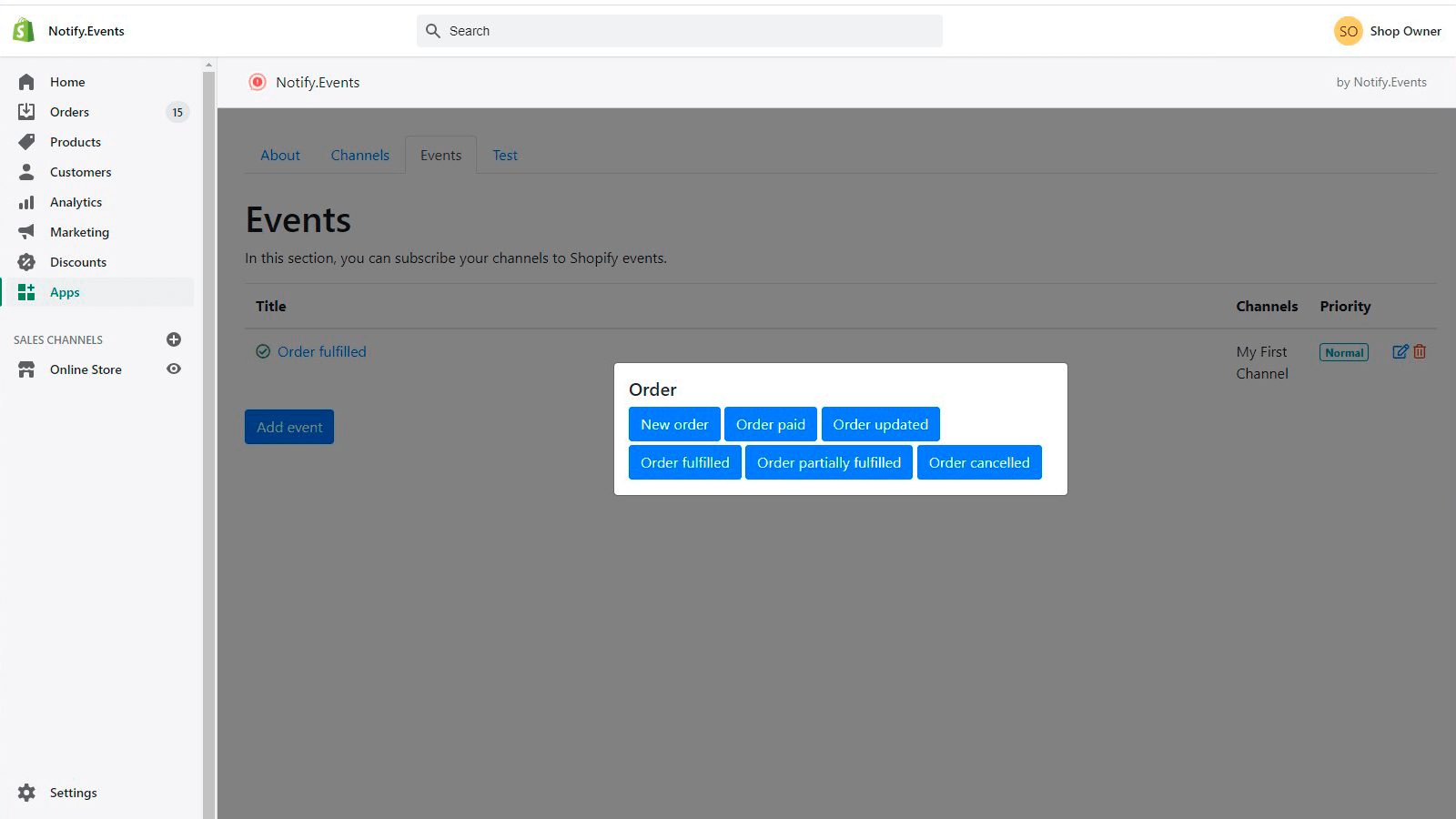 Notify.Events Shopify App - Events