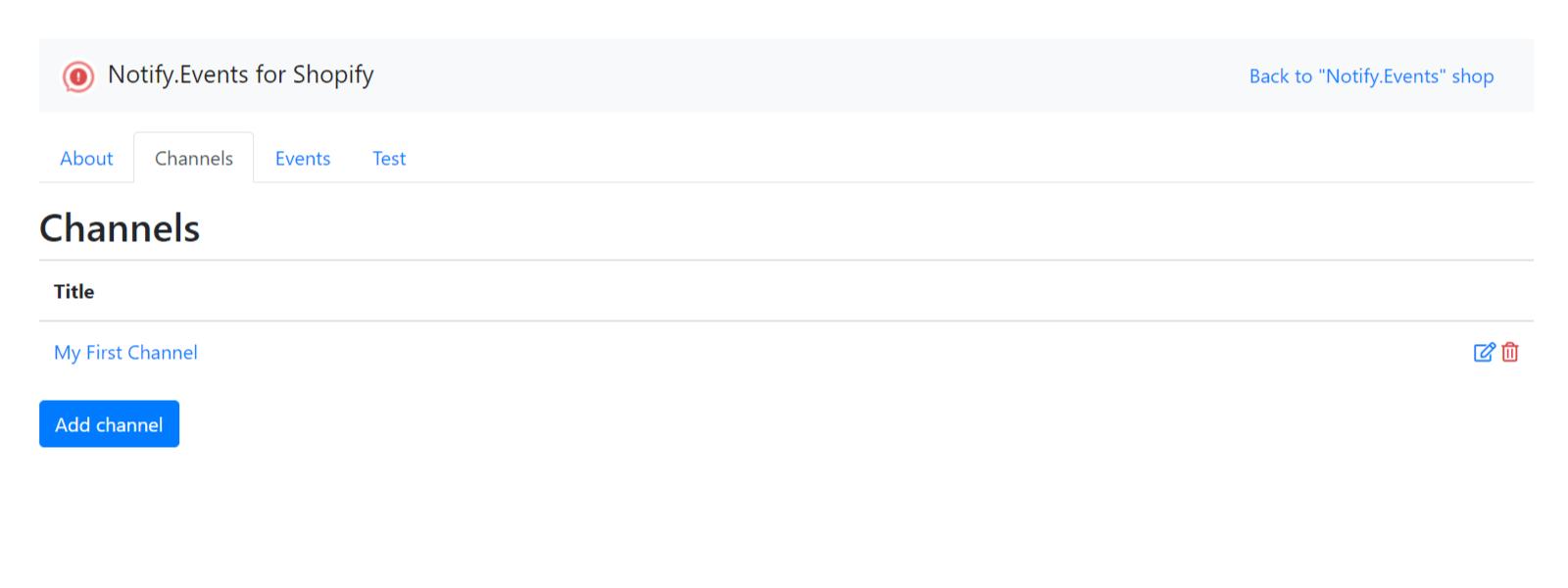 Notify.Events Shopify App - Channels