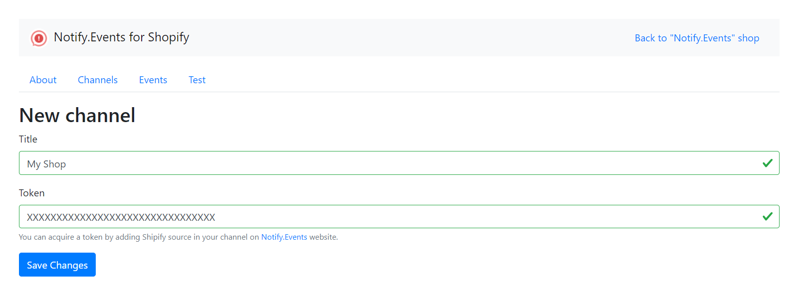Notify.Events Shopify App - New channel