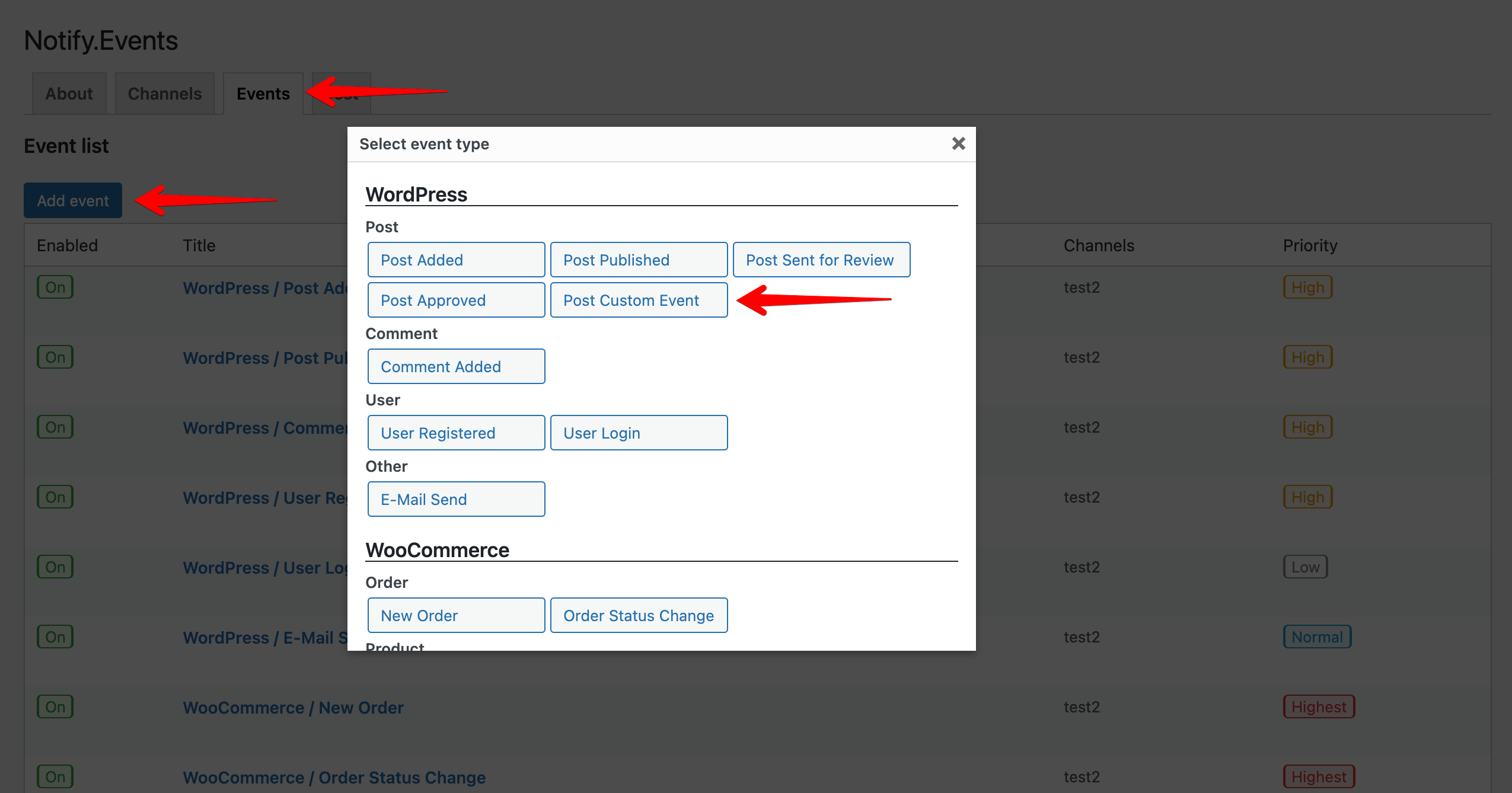 Custom Event in the Notify.Events WordPress Plugin
