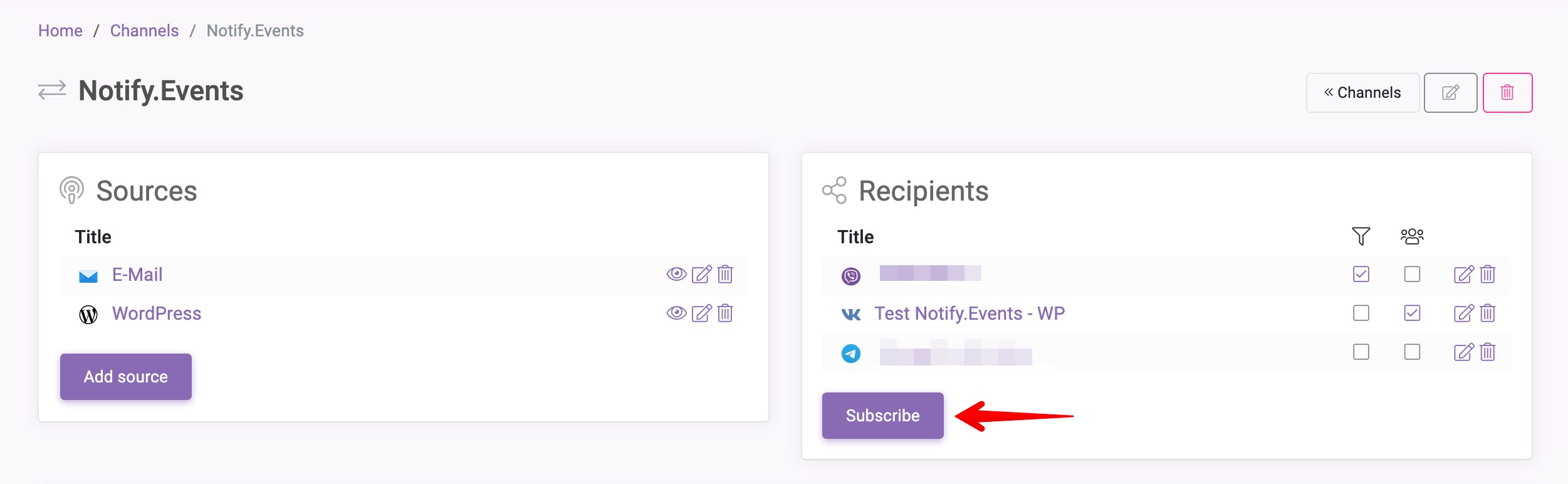 Adding a Notify.Events recipient