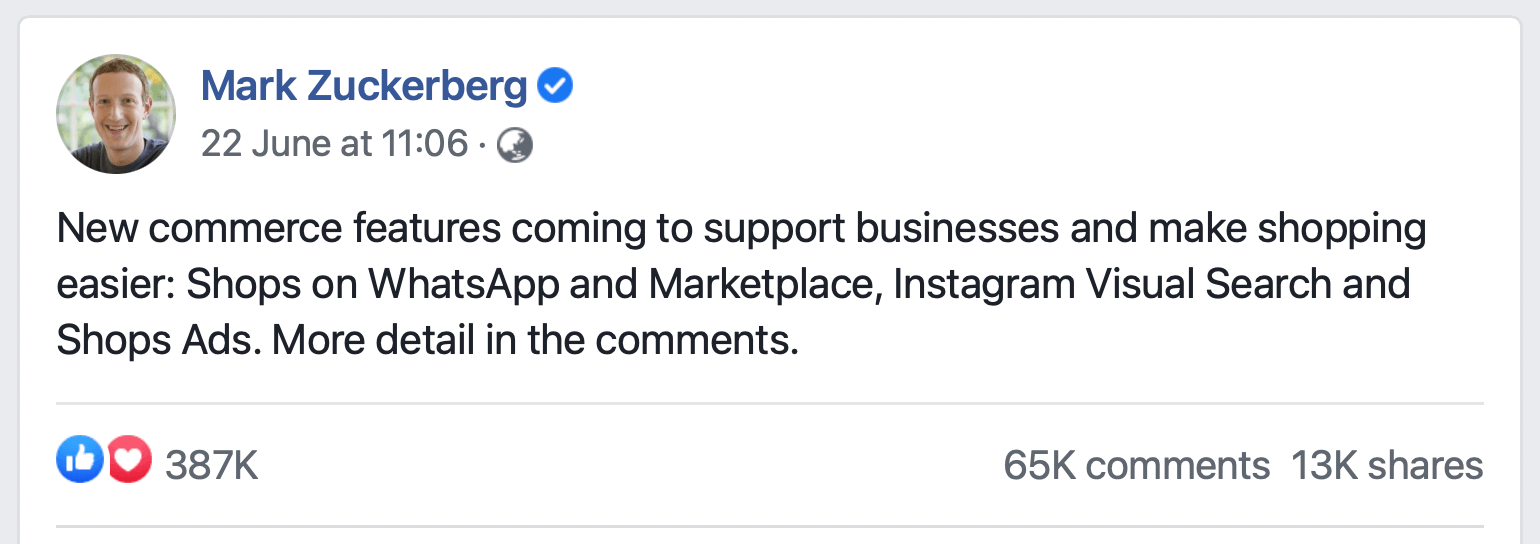 Mark Zuckerberg Post about new Facebook ecommerce features