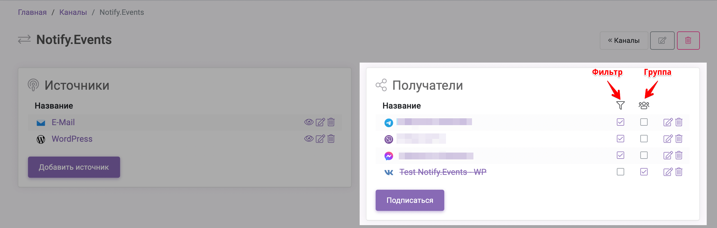 Получатели Notify.Events