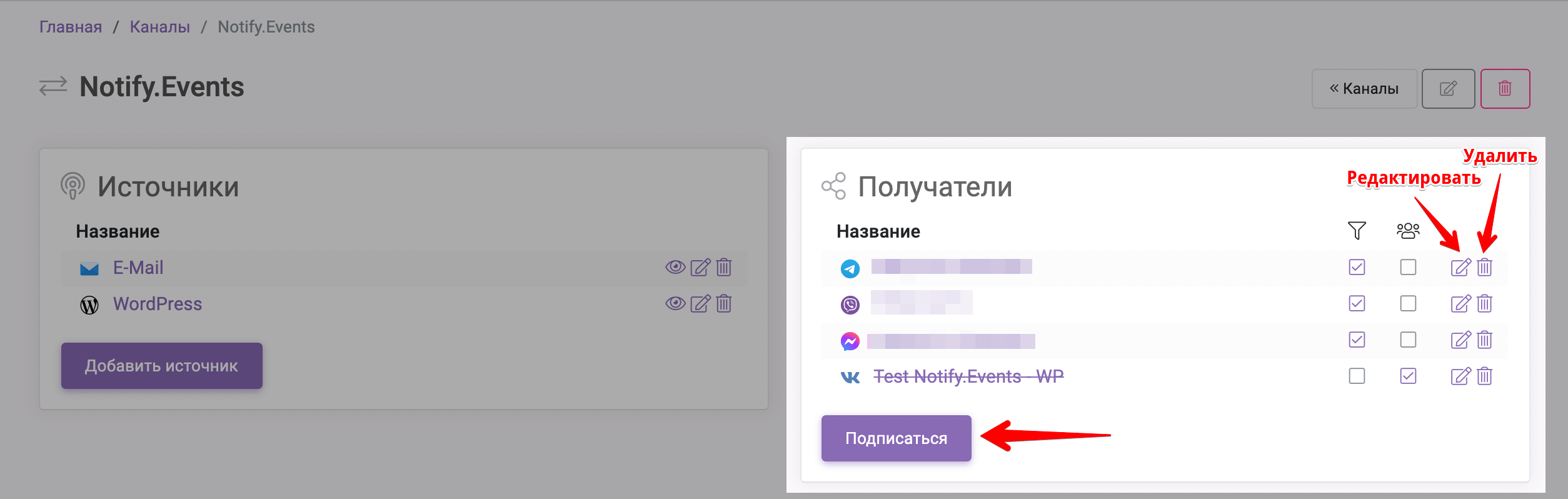 Получатели Notify.Events - 2