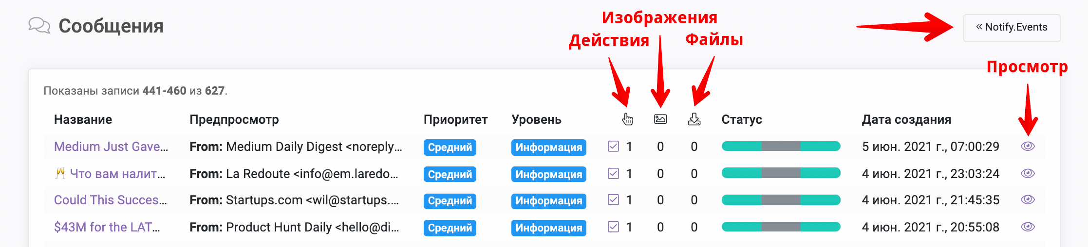 экран Сообщения Notify.Events - 2