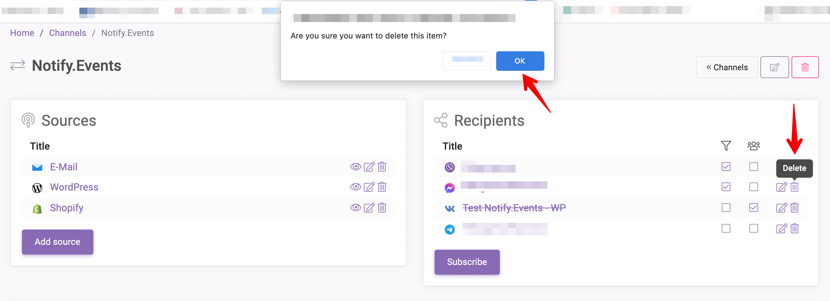 Deleting a Notify.Events recipient