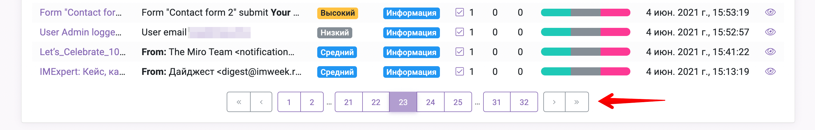 Пагинация на экране Сообщения Notify.Events